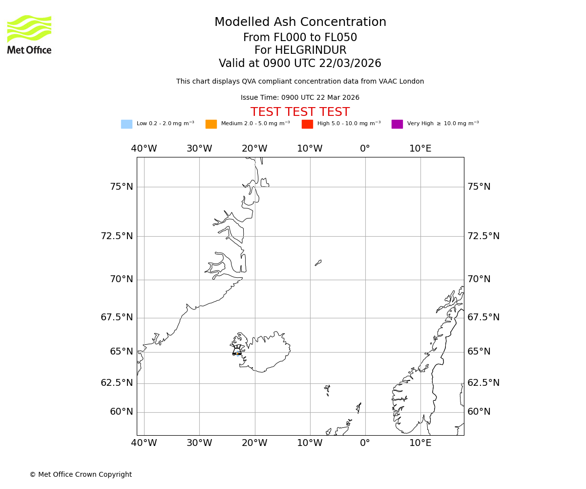 Modelled ash concentration from 000 to 050 for HELGRINDUR. Valid at 0900 UTC 22/03/2026