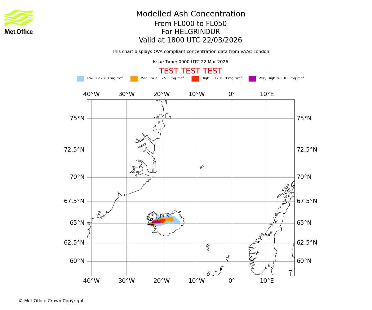 Modelled ash concentration from 000 to 050 for HELGRINDUR. Valid at 1800 UTC 22/03/2026