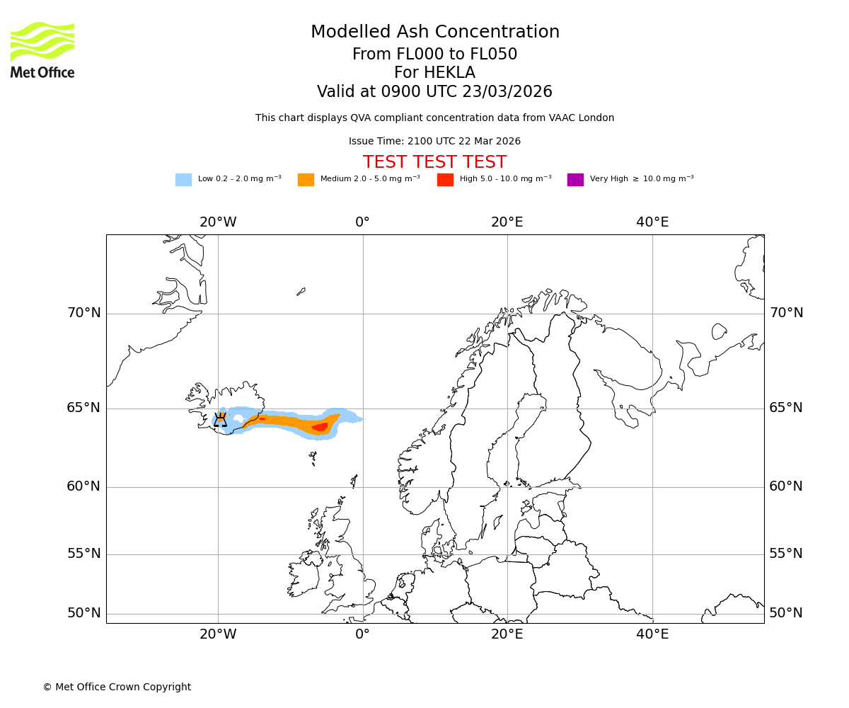 Modelled ash concentration from 000 to 050 for HEKLA. Valid at 0900 UTC 23/03/2026