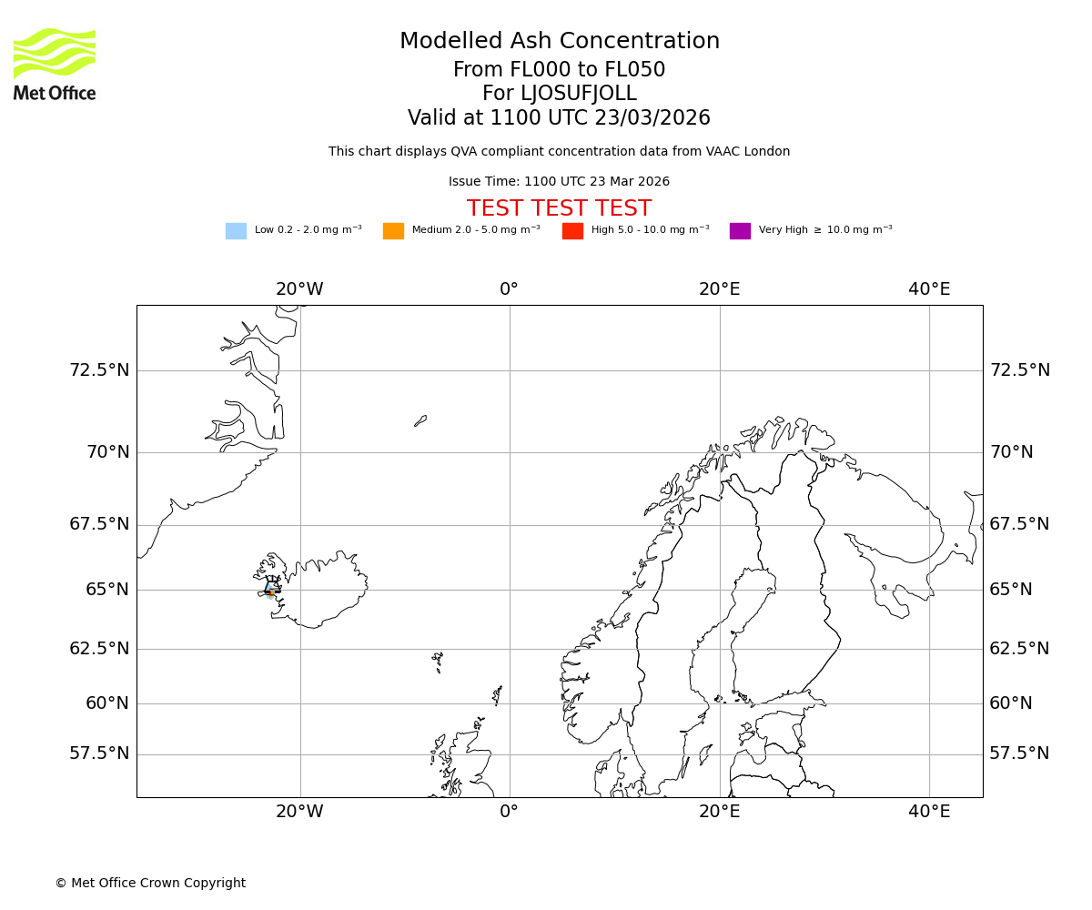 Modelled ash concentration from 000 to 050 for LJOSUFJOLL. Valid at 1100 UTC 23/03/2026