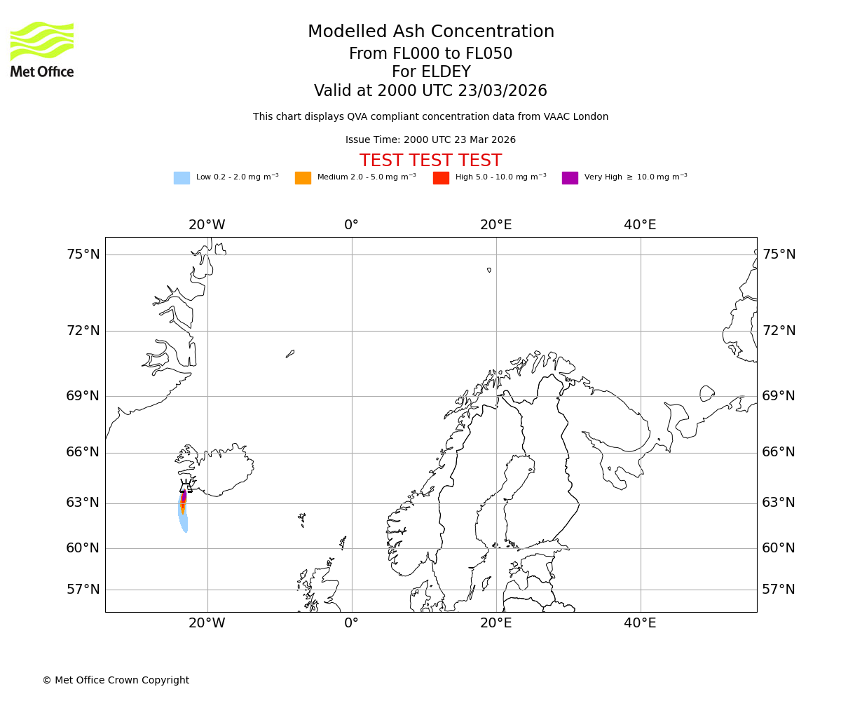 Modelled ash concentration from 000 to 050 for ELDEY. Valid at 2000 UTC 23/03/2026