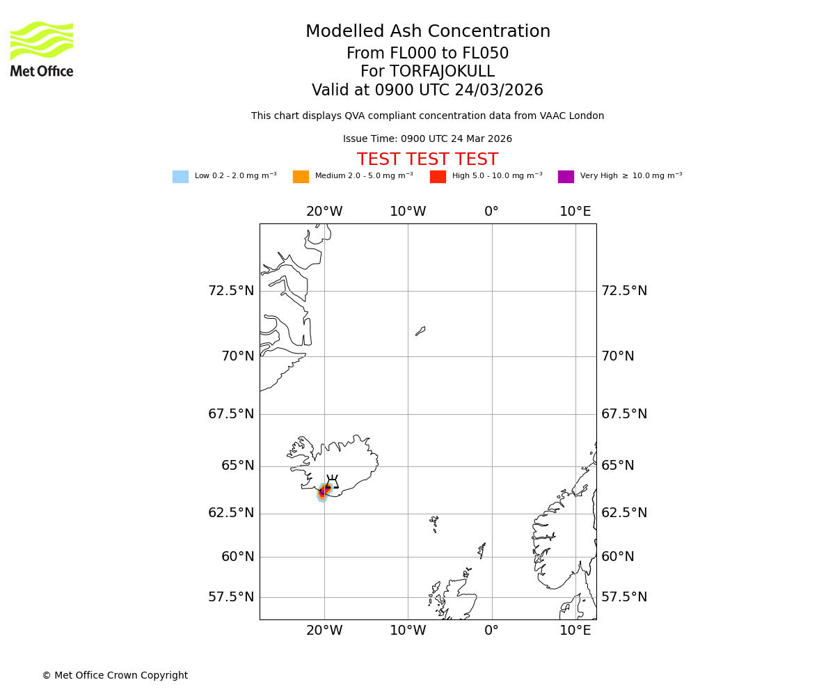 Modelled ash concentration from 000 to 050 for TORFAJOKULL. Valid at 0900 UTC 24/03/2026