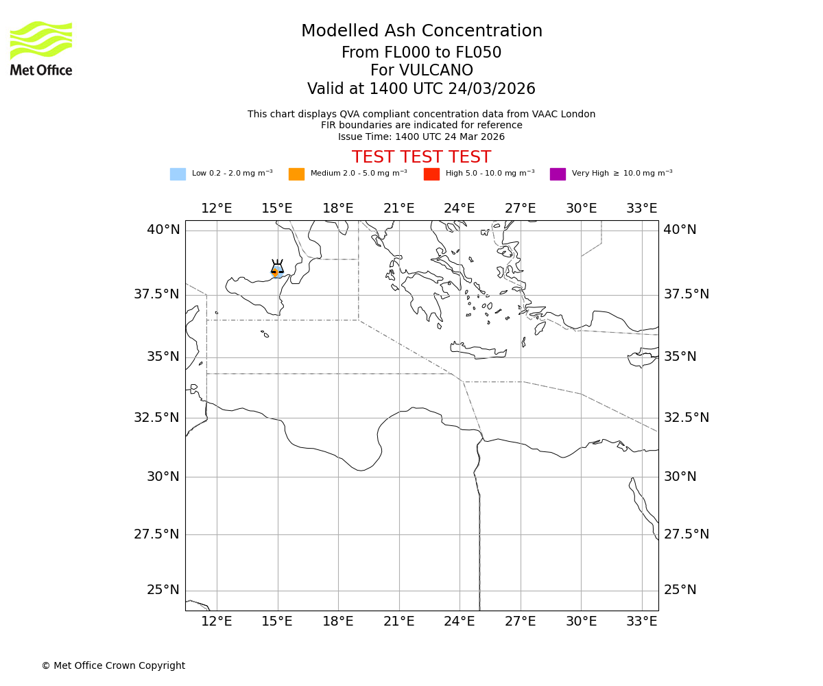 Modelled ash concentration from 000 to 050 for VULCANO. Valid at 1400 UTC 24/03/2026
