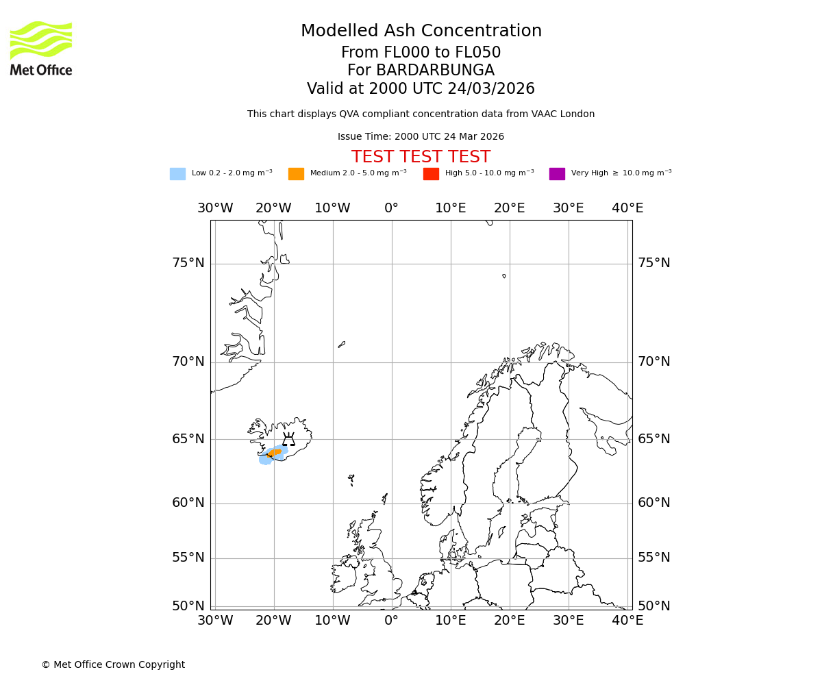 Modelled ash concentration from 000 to 050 for BARDARBUNGA. Valid at 2000 UTC 24/03/2026