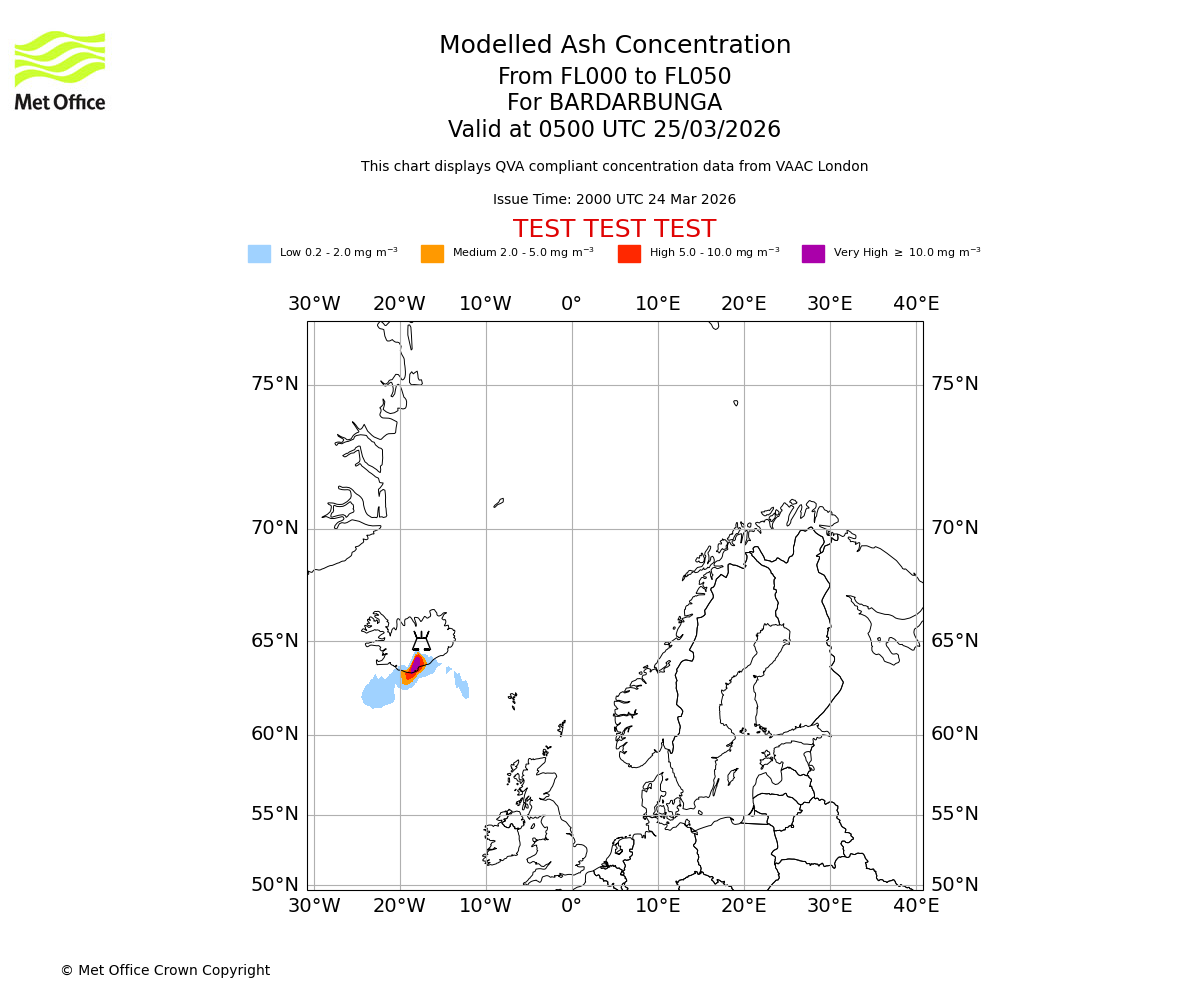 Modelled ash concentration from 000 to 050 for BARDARBUNGA. Valid at 0500 UTC 25/03/2026
