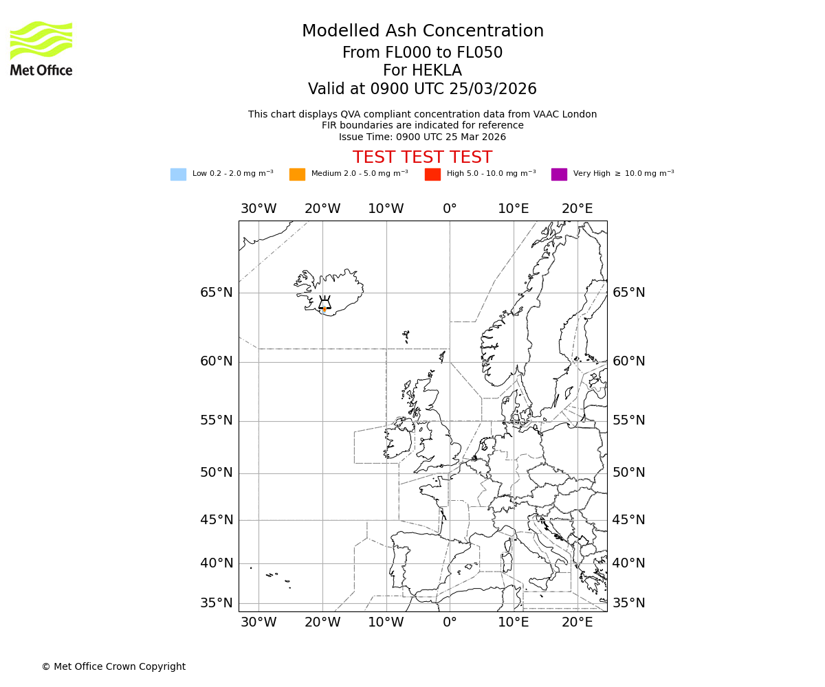 Modelled ash concentration from 000 to 050 for HEKLA. Valid at 0900 UTC 25/03/2026