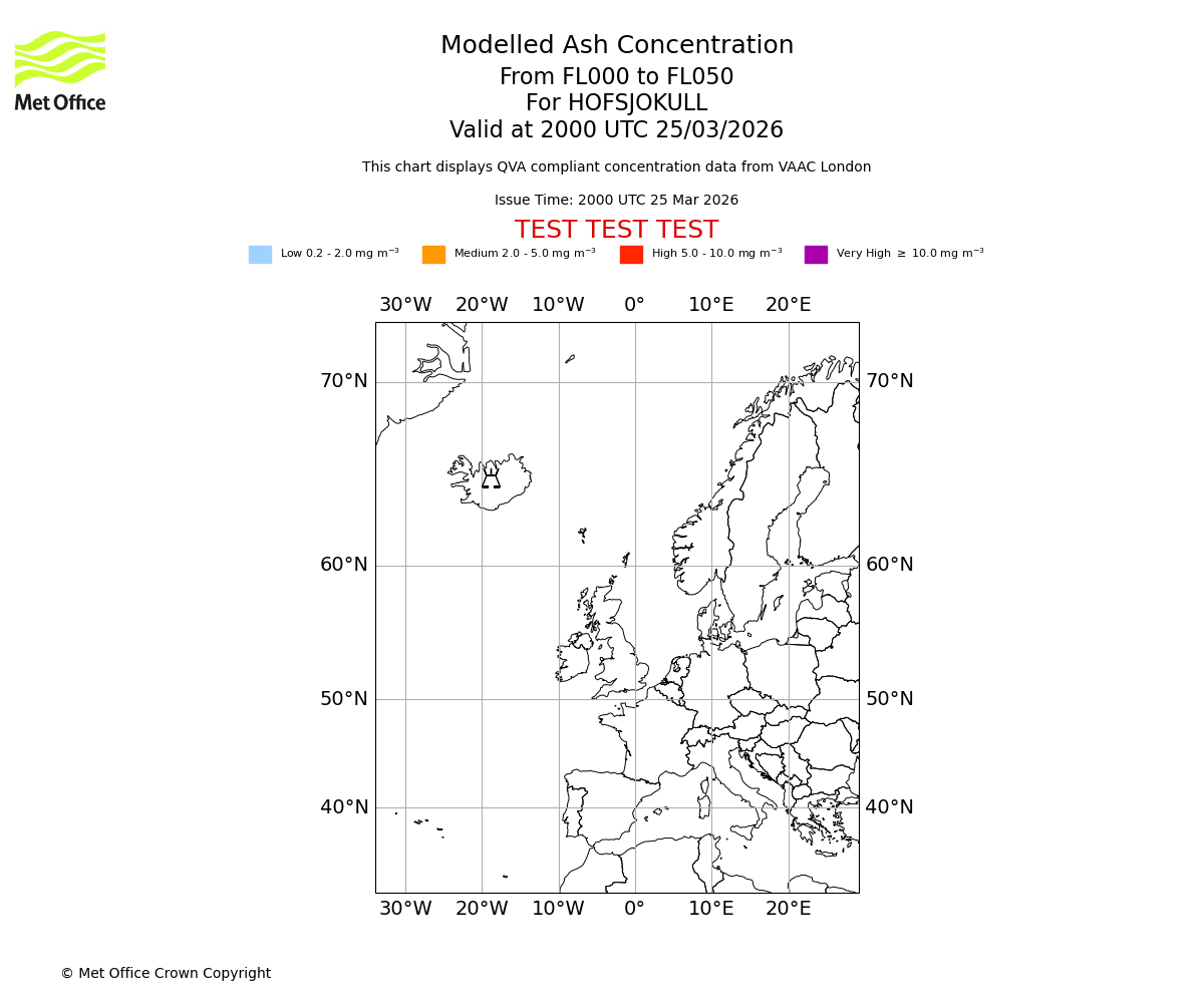 Modelled ash concentration from 000 to 050 for HOFSJOKULL. Valid at 2000 UTC 25/03/2026