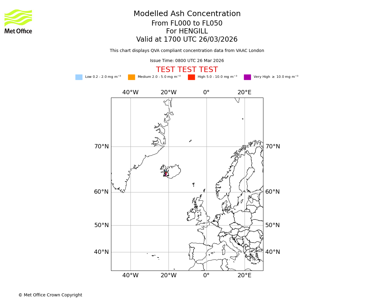 Modelled ash concentration from 000 to 050 for HENGILL. Valid at 1700 UTC 26/03/2026