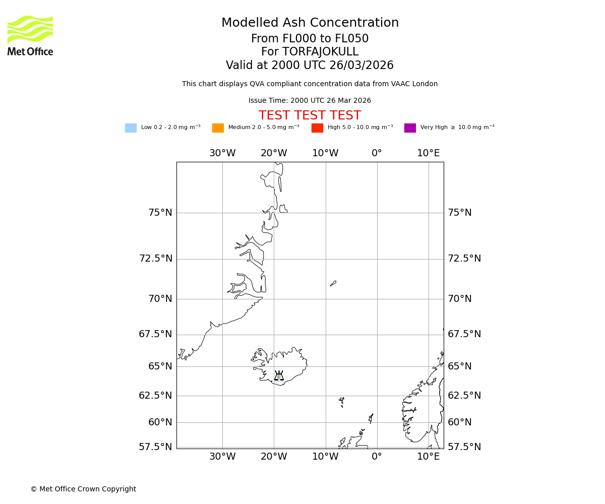 Modelled ash concentration from 000 to 050 for TORFAJOKULL. Valid at 2000 UTC 26/03/2026