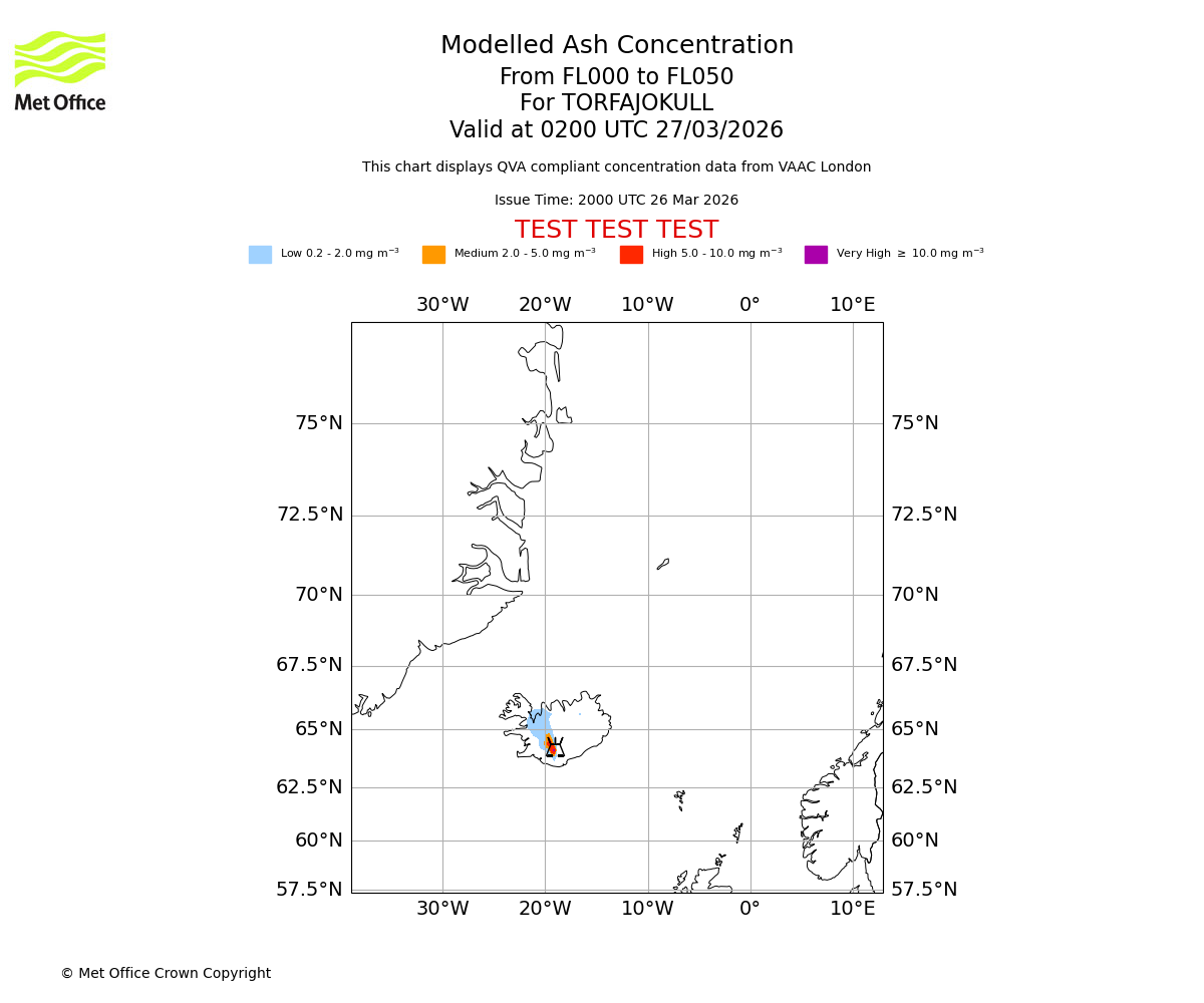 Modelled ash concentration from 000 to 050 for TORFAJOKULL. Valid at 0200 UTC 27/03/2026