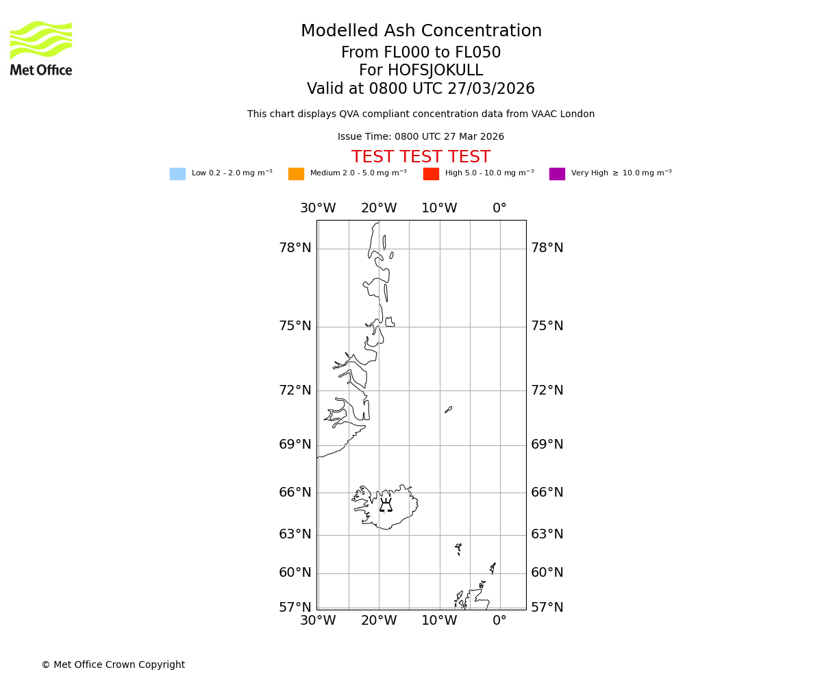 Modelled ash concentration from 000 to 050 for HOFSJOKULL. Valid at 0800 UTC 27/03/2026