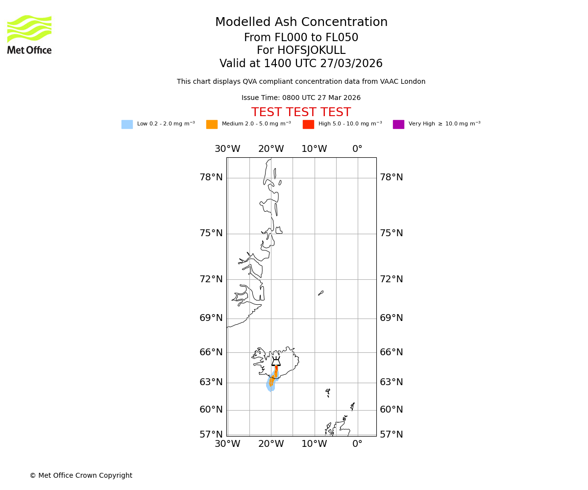 Modelled ash concentration from 000 to 050 for HOFSJOKULL. Valid at 1400 UTC 27/03/2026