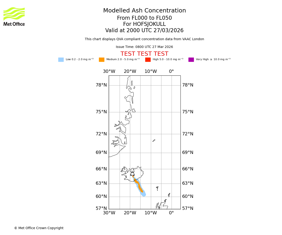 Modelled ash concentration from 000 to 050 for HOFSJOKULL. Valid at 2000 UTC 27/03/2026