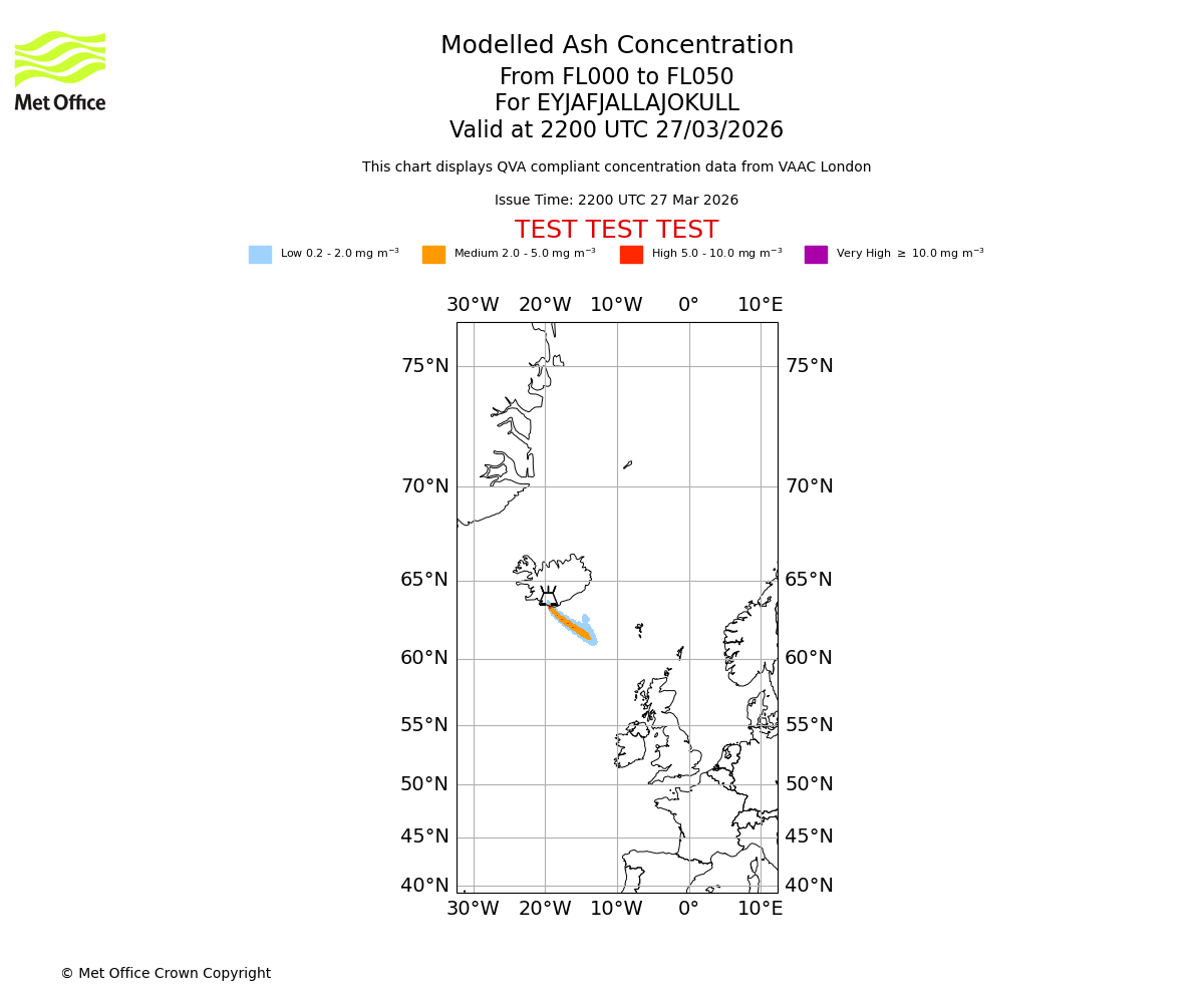 Modelled ash concentration from 000 to 050 for EYJAFJALLAJOKULL. Valid at 2200 UTC 27/03/2026