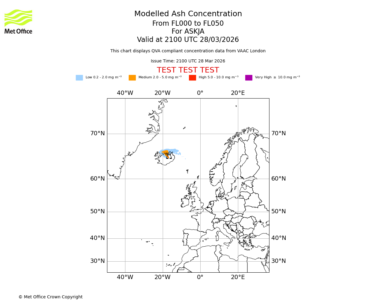 Modelled ash concentration from 000 to 050 for ASKJA. Valid at 2100 UTC 28/03/2026