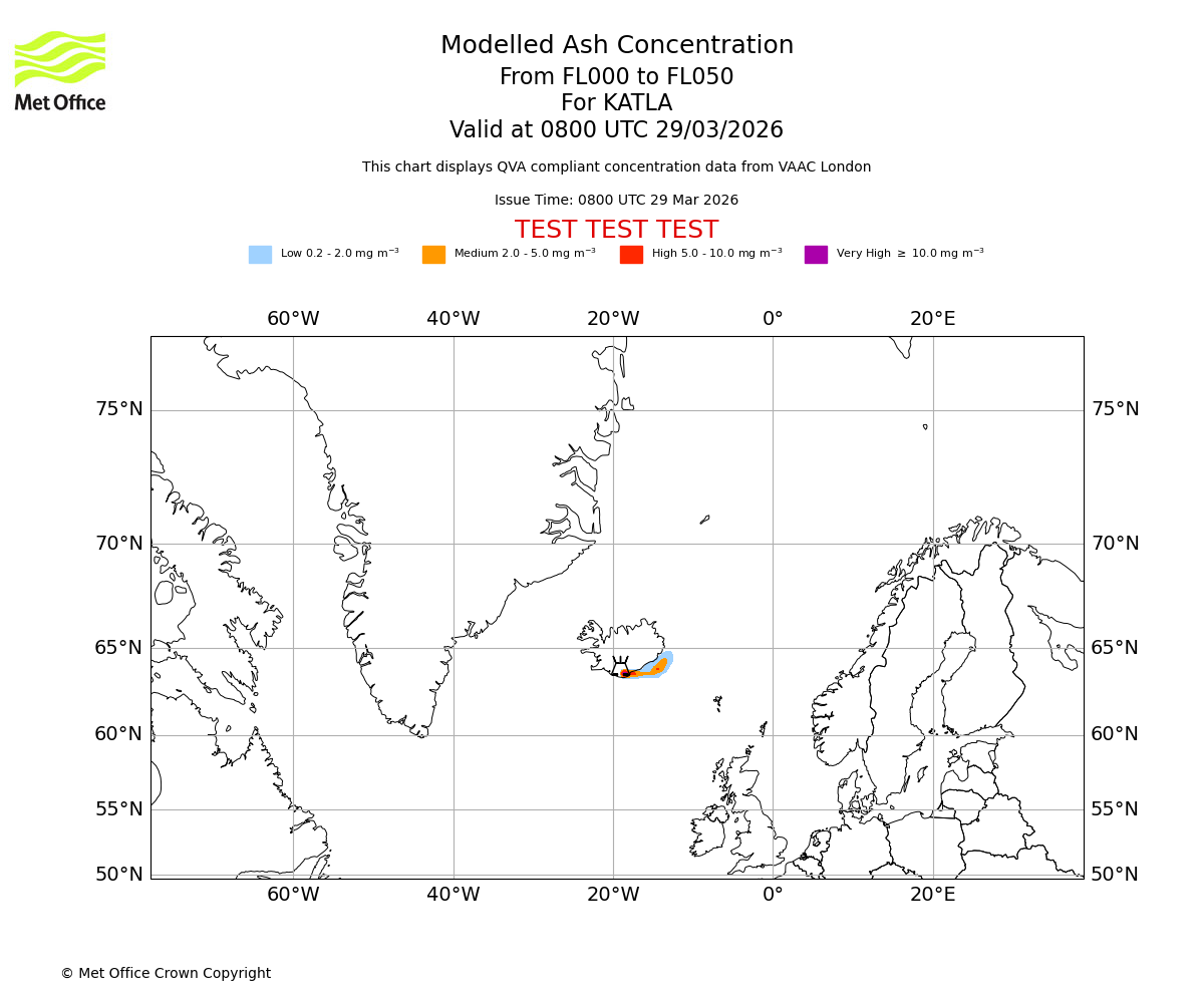 Modelled ash concentration from 000 to 050 for KATLA. Valid at 0800 UTC 29/03/2026