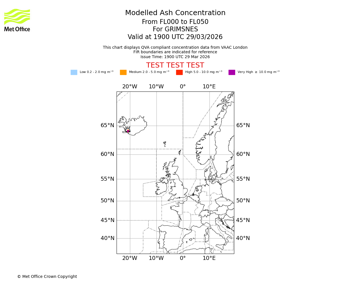 Modelled ash concentration from 000 to 050 for GRIMSNES. Valid at 1900 UTC 29/03/2026