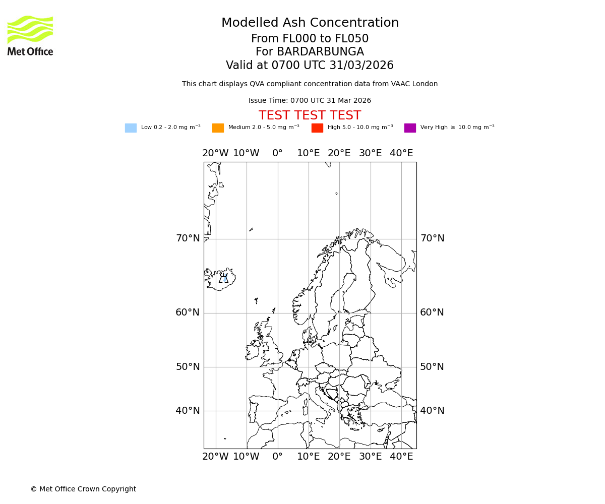 Modelled ash concentration from 000 to 050 for BARDARBUNGA. Valid at 0700 UTC 31/03/2026