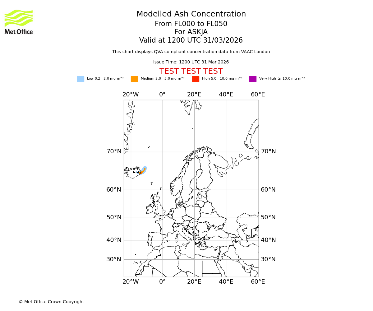 Modelled ash concentration from 000 to 050 for ASKJA. Valid at 1200 UTC 31/03/2026