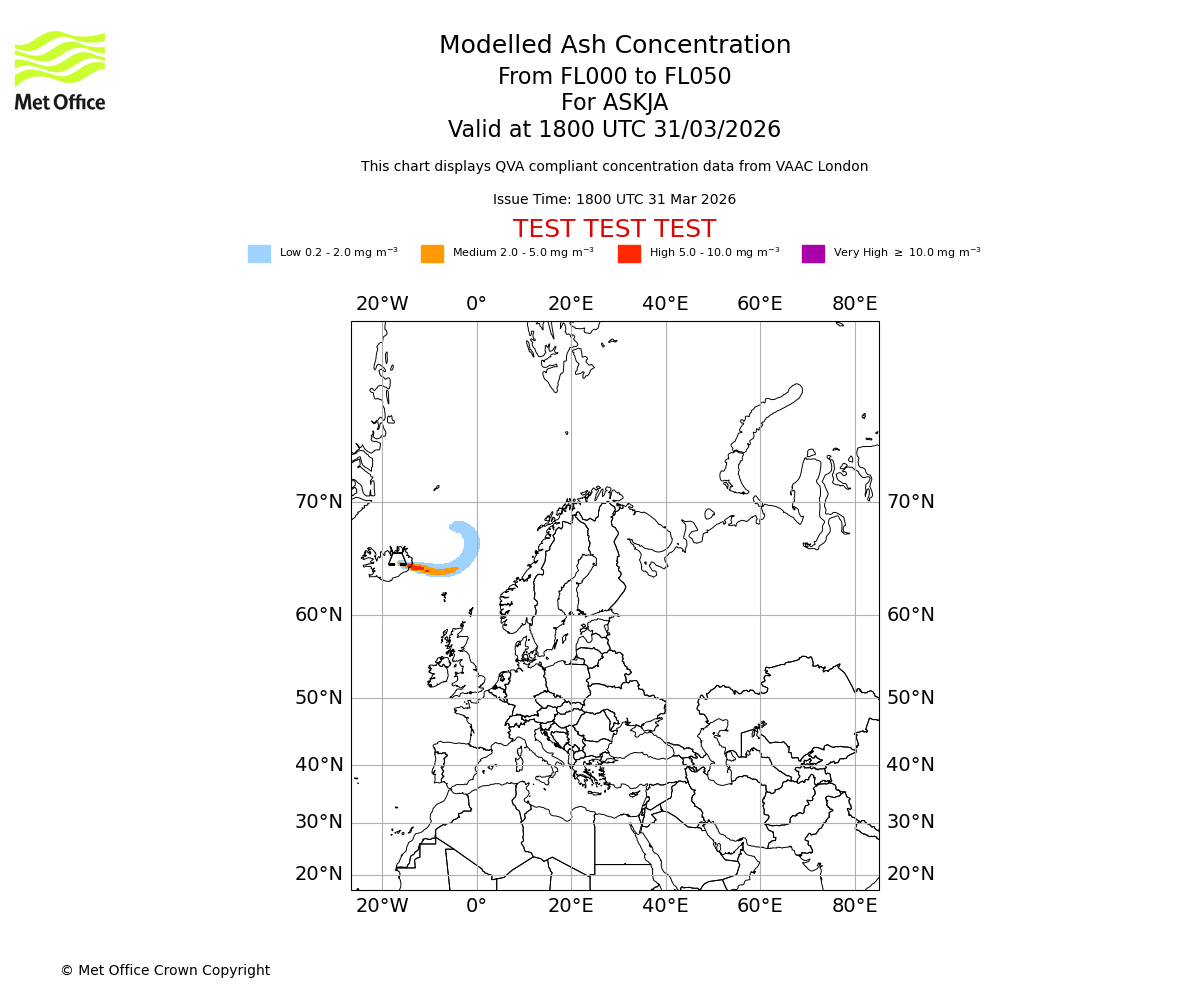 Modelled ash concentration from 000 to 050 for ASKJA. Valid at 1800 UTC 31/03/2026