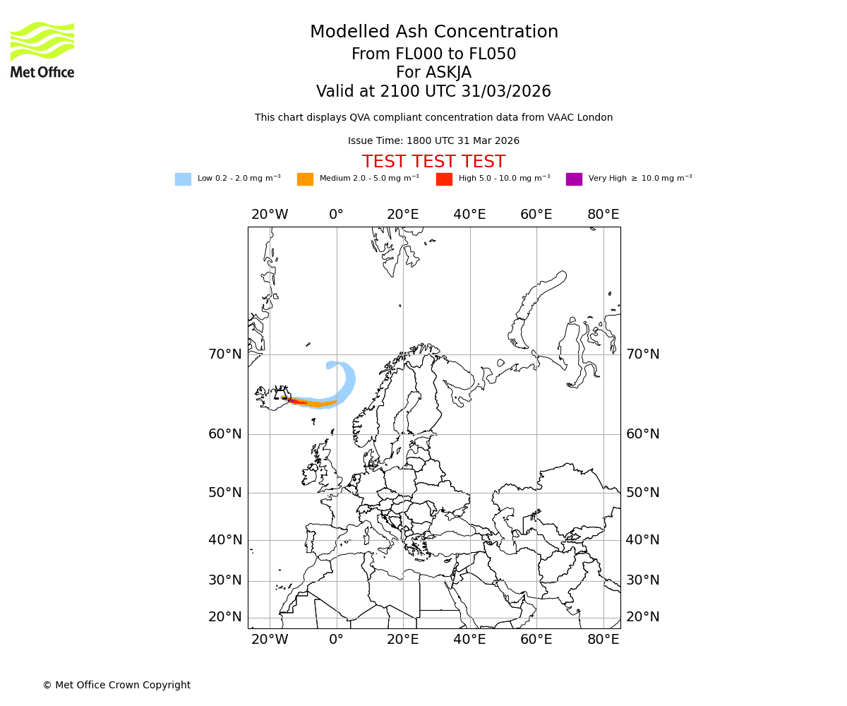 Modelled ash concentration from 000 to 050 for ASKJA. Valid at 2100 UTC 31/03/2026