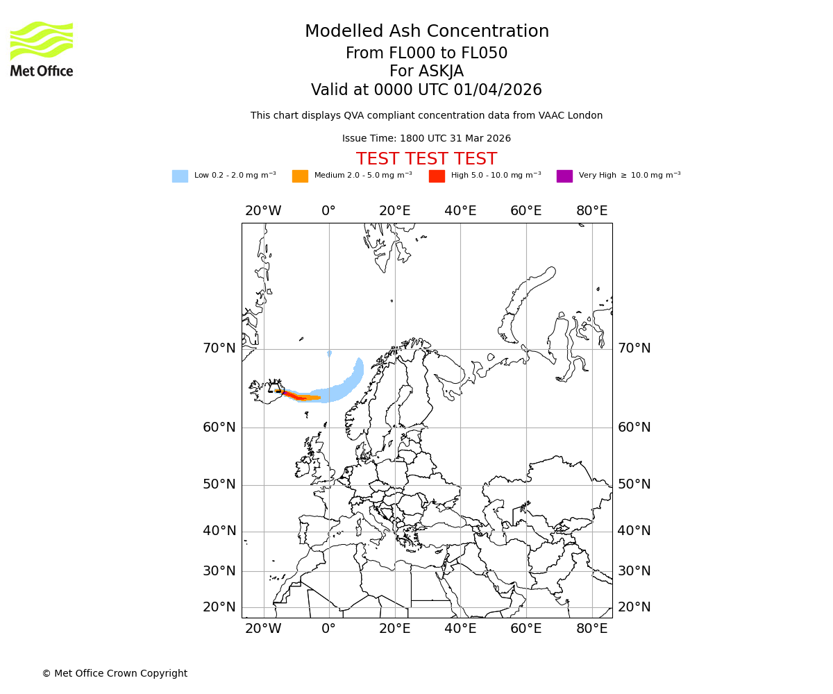 Modelled ash concentration from 000 to 050 for ASKJA. Valid at 0000 UTC 01/04/2026