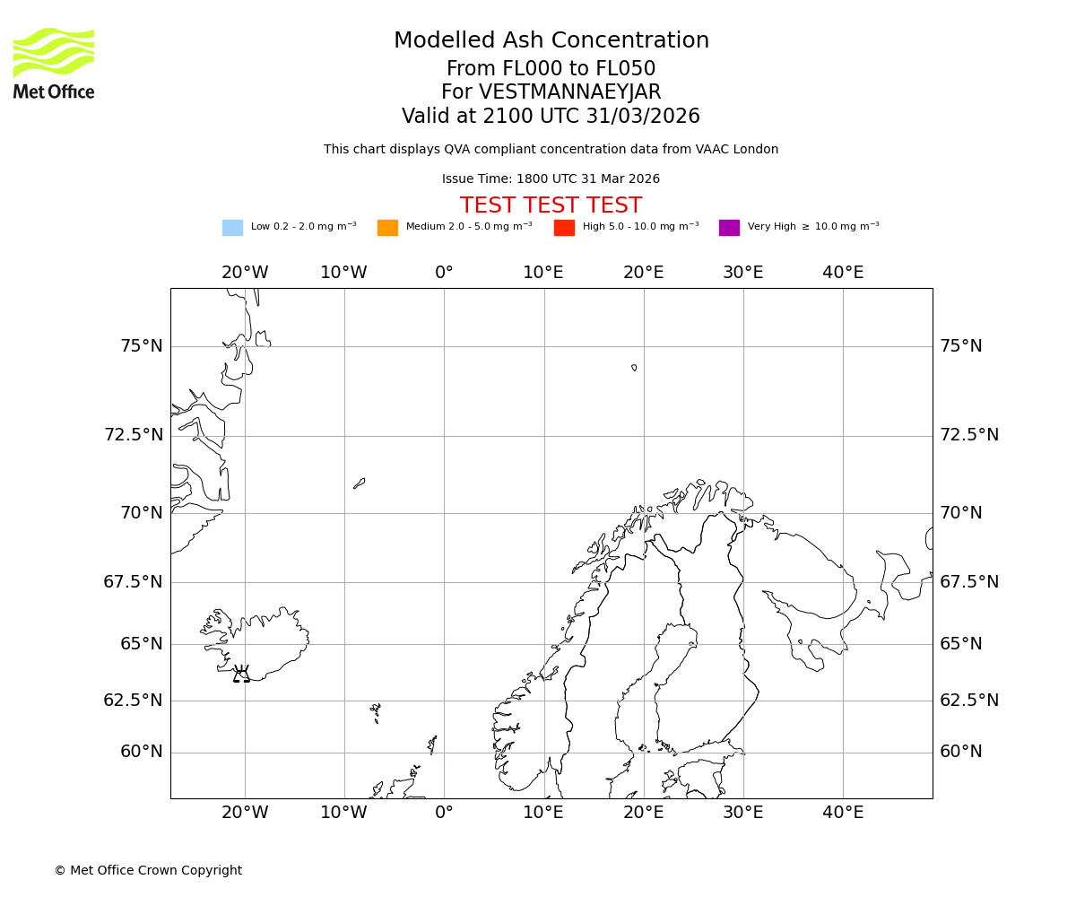 Modelled ash concentration from 000 to 050 for VESTMANNAEYJAR. Valid at 2100 UTC 31/03/2026