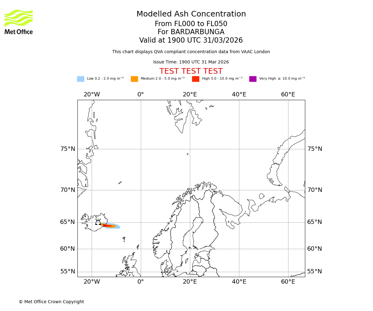 Modelled ash concentration from 000 to 050 for BARDARBUNGA. Valid at 1900 UTC 31/03/2026