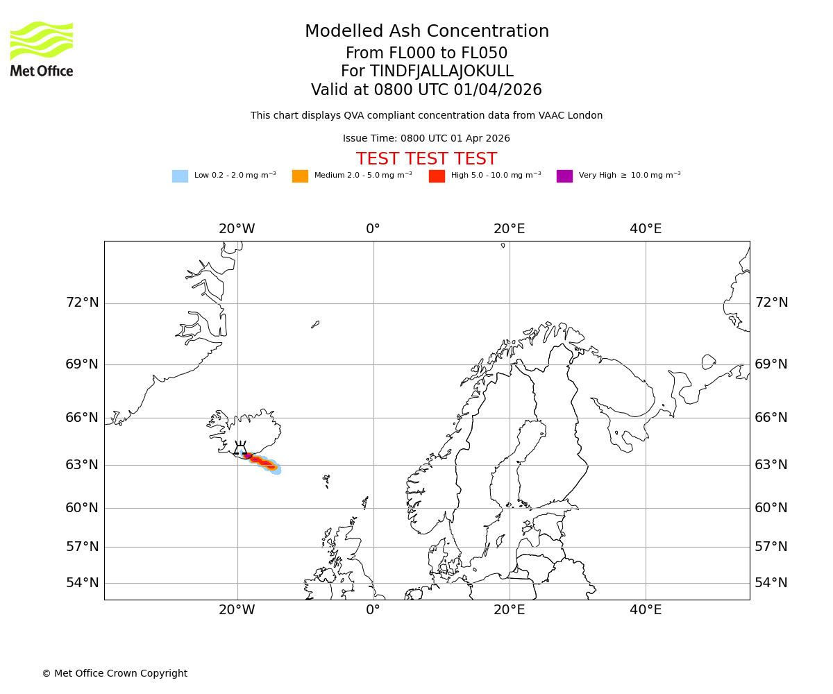 Modelled ash concentration from 000 to 050 for TINDFJALLAJOKULL. Valid at 0800 UTC 01/04/2026