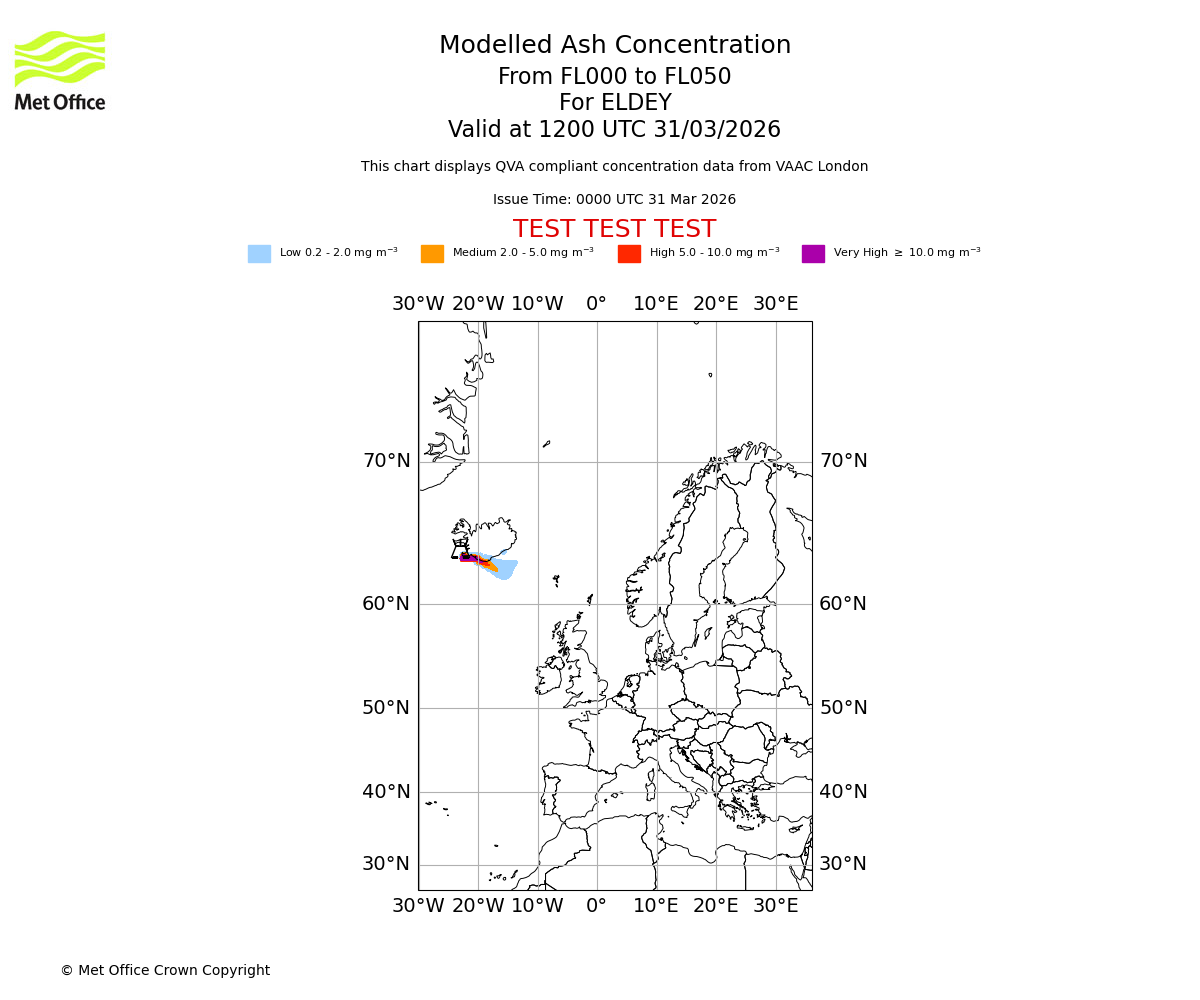 Modelled ash concentration from 000 to 050 for ELDEY. Valid at 1200 UTC 31/03/2026