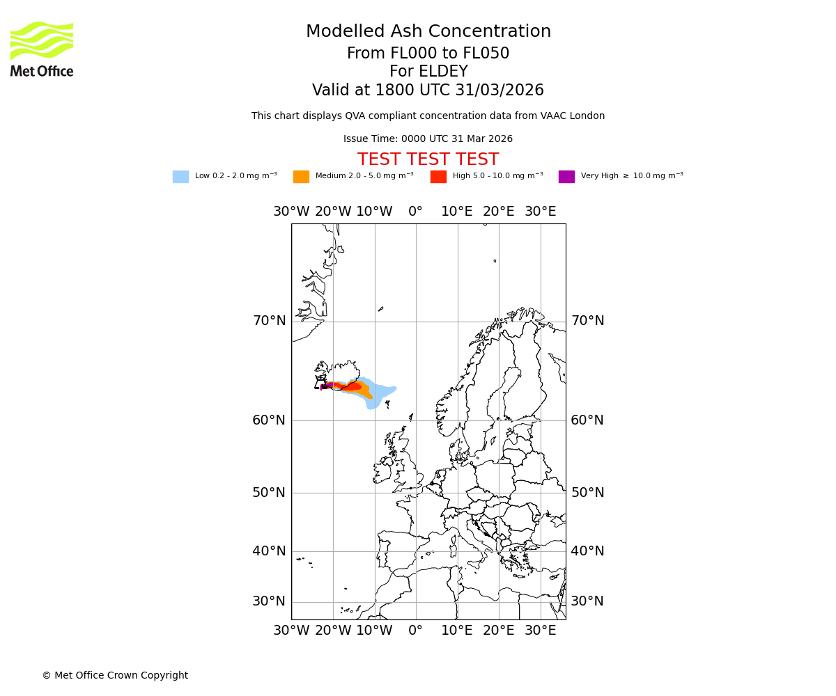 Modelled ash concentration from 000 to 050 for ELDEY. Valid at 1800 UTC 31/03/2026
