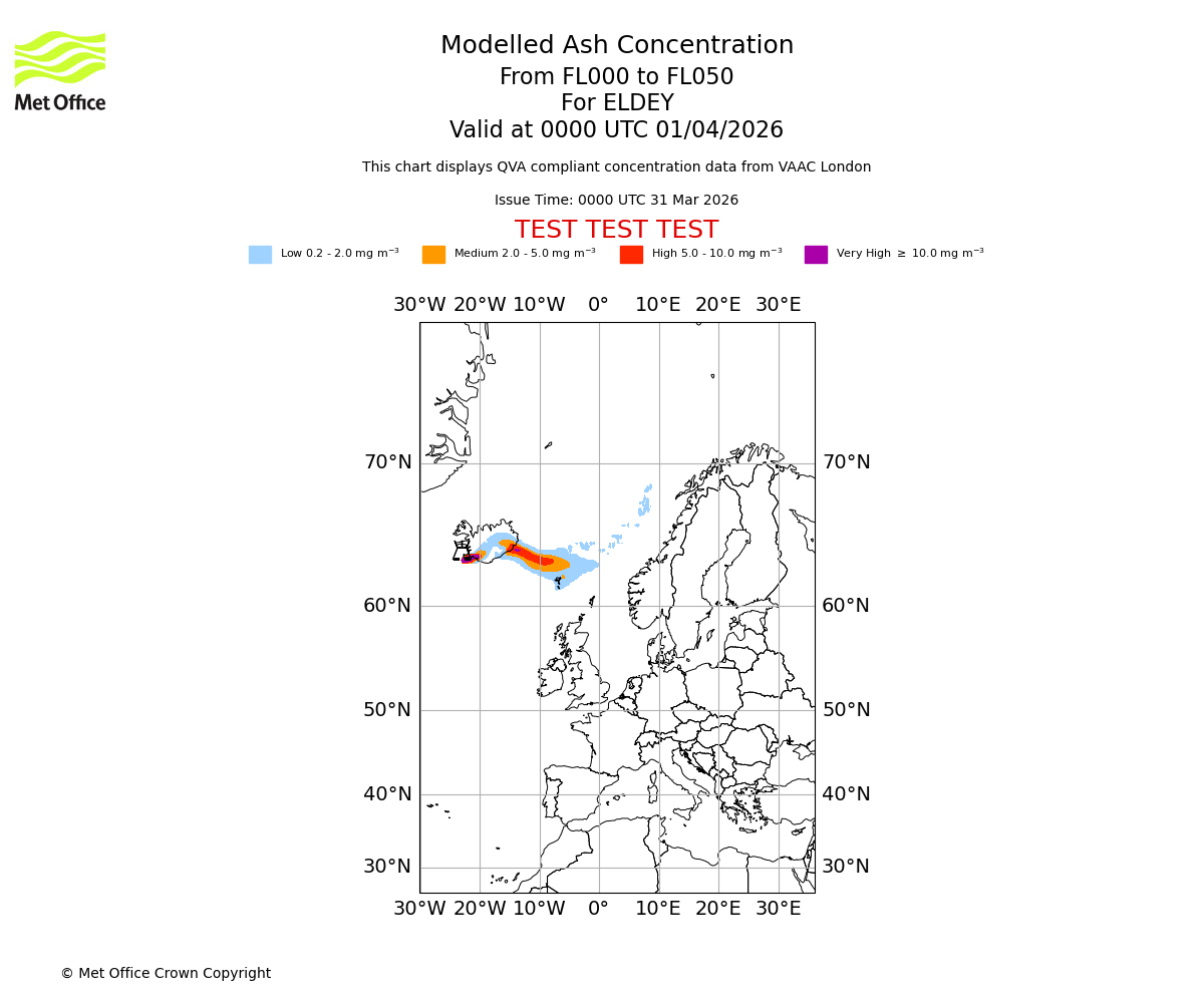 Modelled ash concentration from 000 to 050 for ELDEY. Valid at 0000 UTC 01/04/2026