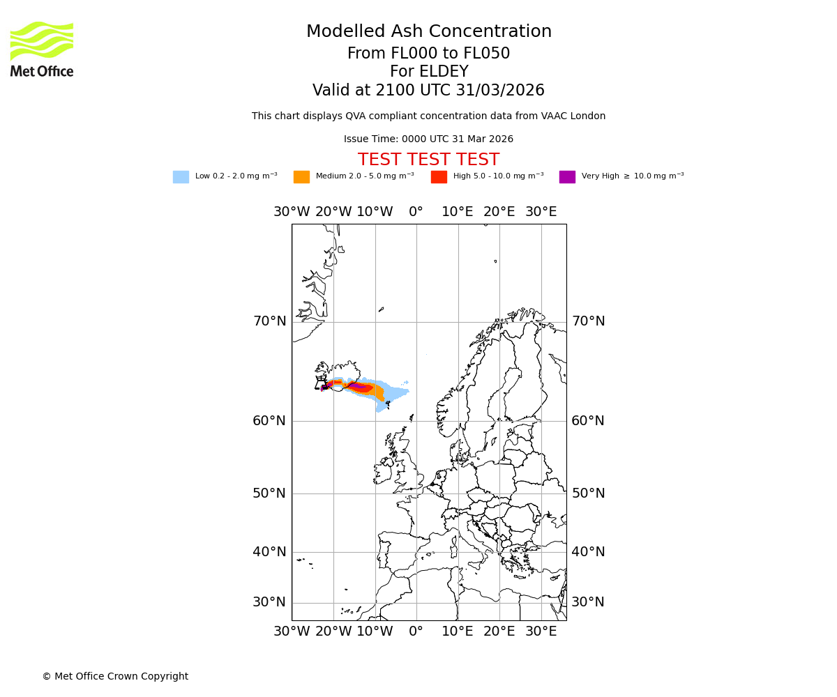 Modelled ash concentration from 000 to 050 for ELDEY. Valid at 2100 UTC 31/03/2026