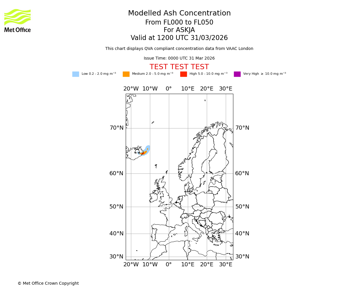 Modelled ash concentration from 000 to 050 for ASKJA. Valid at 1200 UTC 31/03/2026