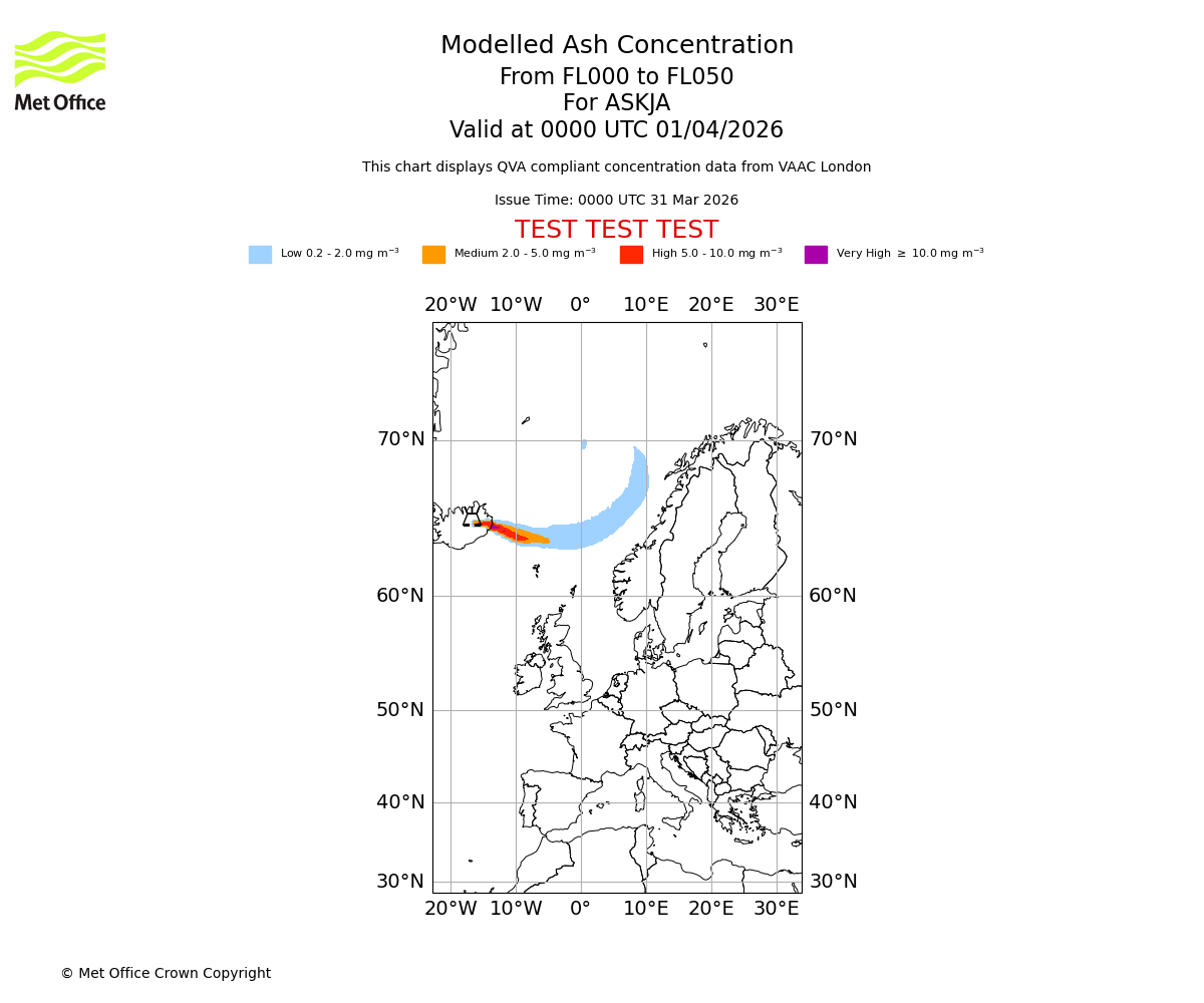 Modelled ash concentration from 000 to 050 for ASKJA. Valid at 0000 UTC 01/04/2026
