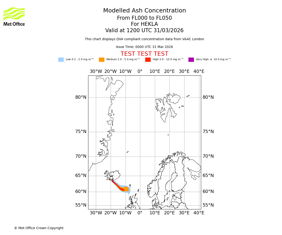 Modelled ash concentration from 000 to 050 for HEKLA. Valid at 1200 UTC 31/03/2026