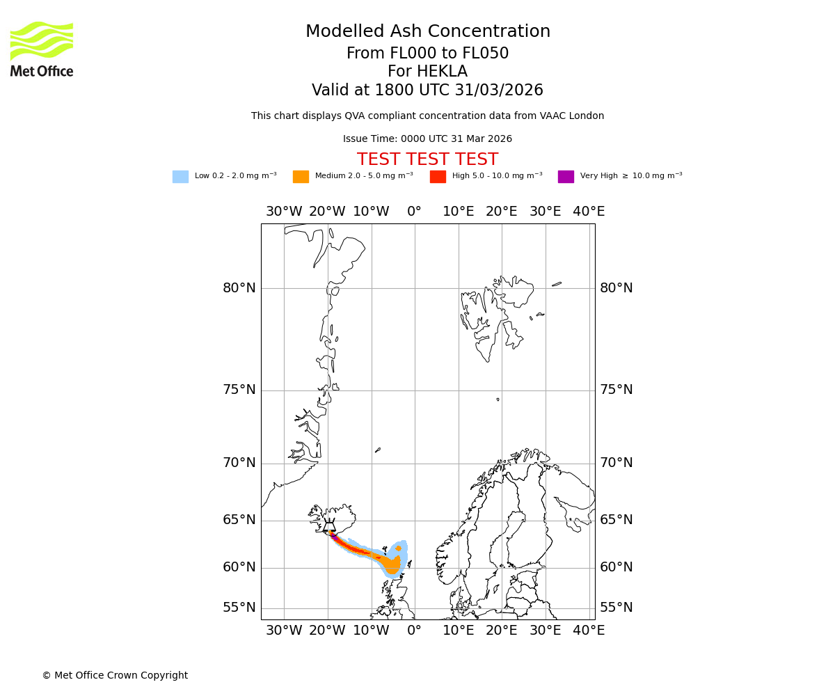 Modelled ash concentration from 000 to 050 for HEKLA. Valid at 1800 UTC 31/03/2026