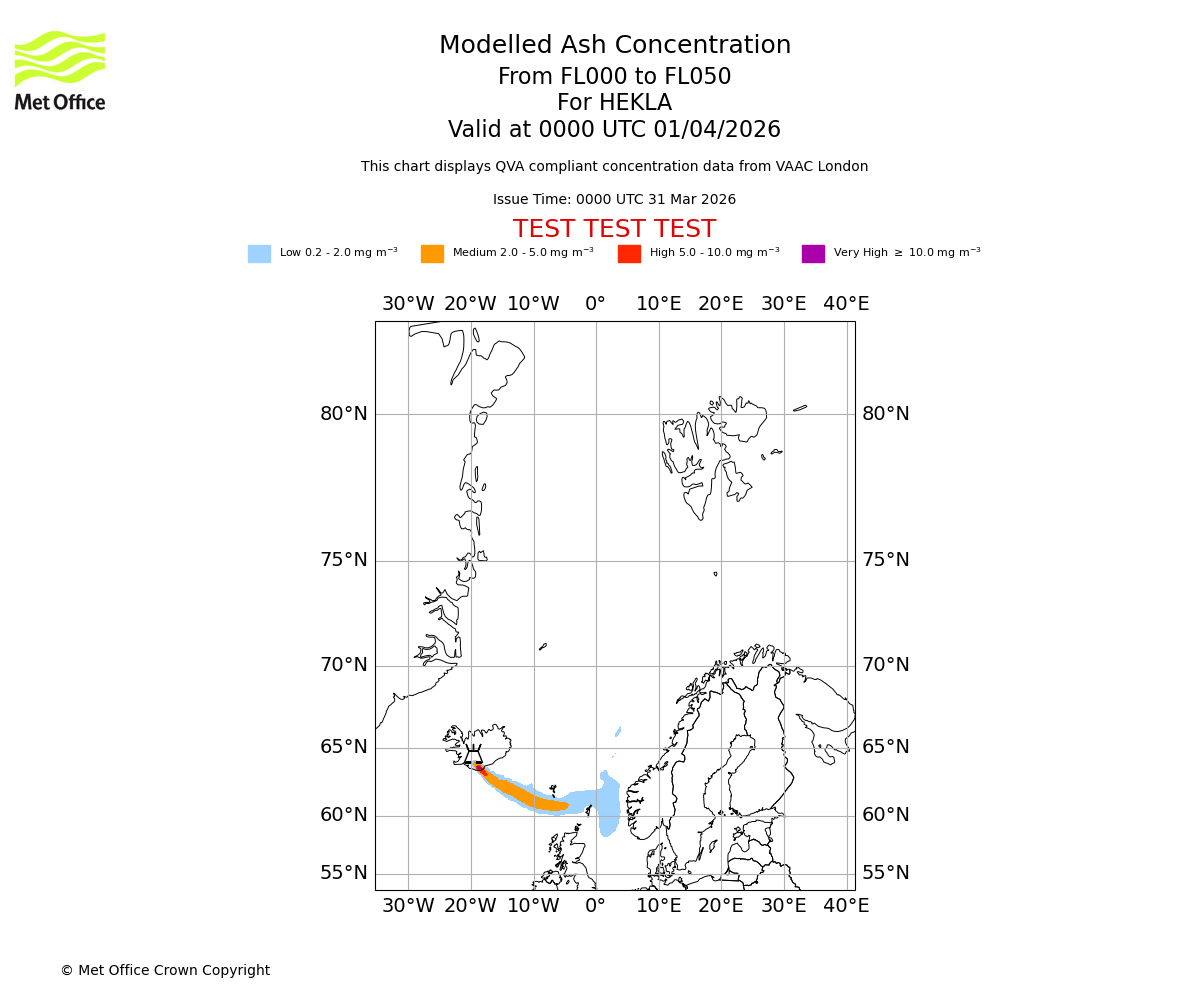 Modelled ash concentration from 000 to 050 for HEKLA. Valid at 0000 UTC 01/04/2026