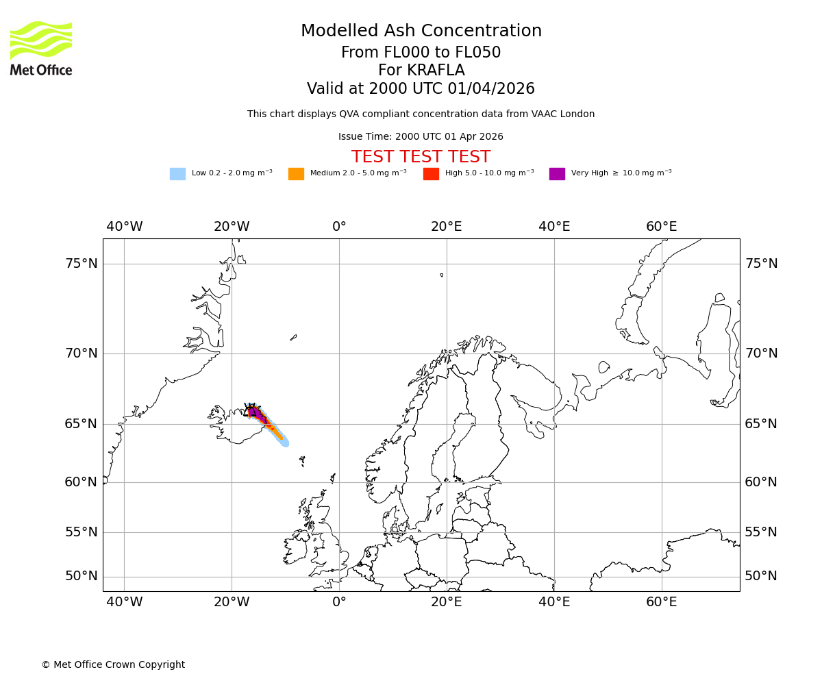 Modelled ash concentration from 000 to 050 for KRAFLA. Valid at 2000 UTC 01/04/2026