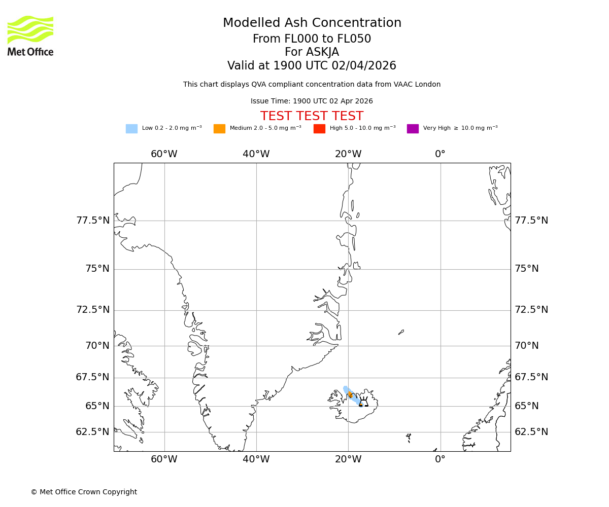 Modelled ash concentration from 000 to 050 for ASKJA. Valid at 1900 UTC 02/04/2026