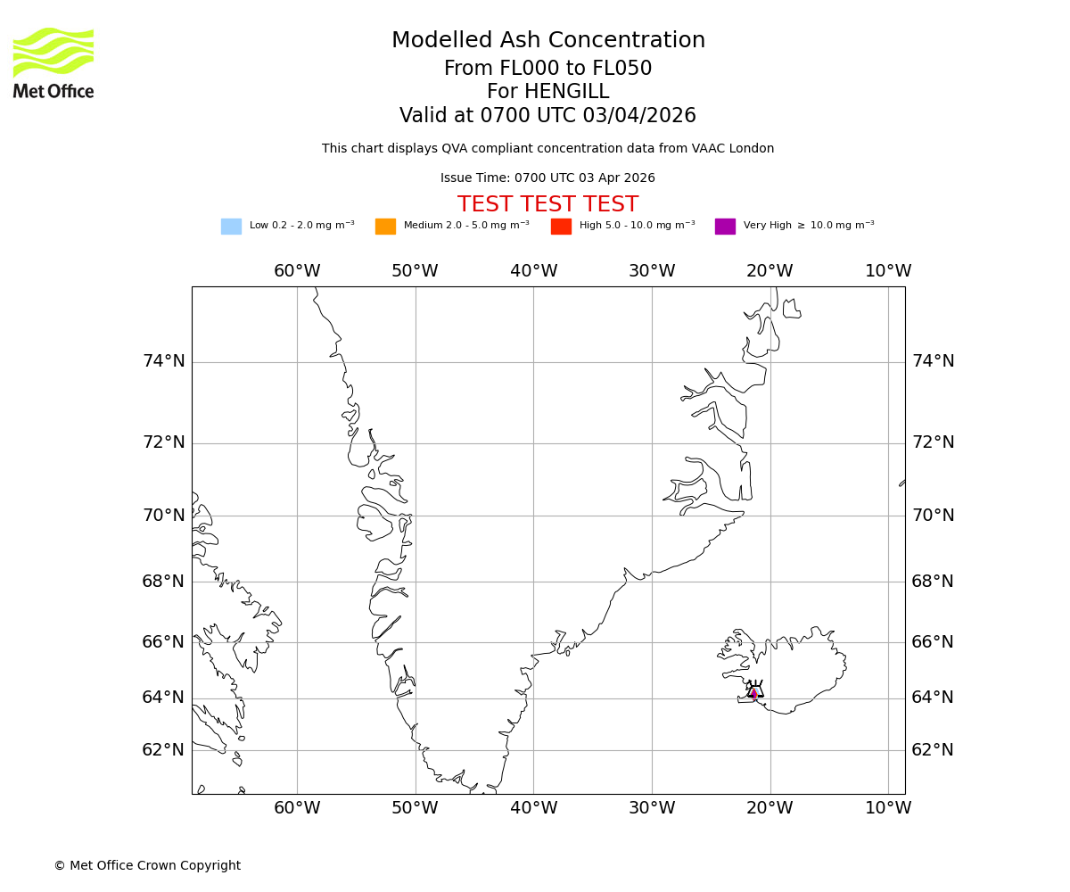 Modelled ash concentration from 000 to 050 for HENGILL. Valid at 0700 UTC 03/04/2026