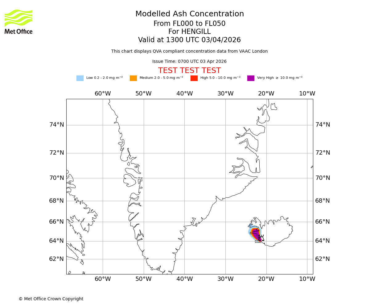 Modelled ash concentration from 000 to 050 for HENGILL. Valid at 1300 UTC 03/04/2026