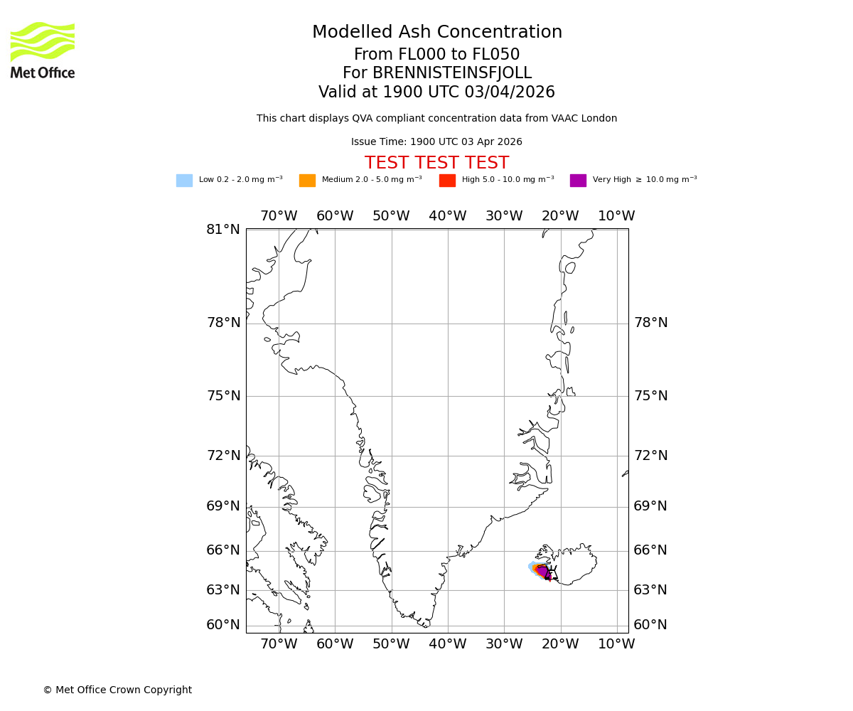 Modelled ash concentration from 000 to 050 for BRENNISTEINSFJOLL. Valid at 1900 UTC 03/04/2026
