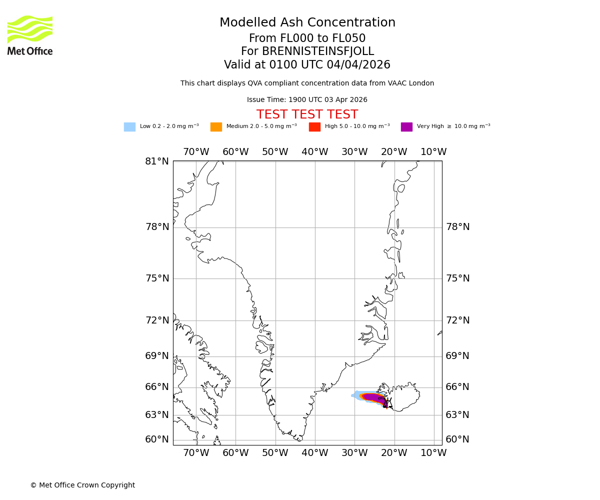 Modelled ash concentration from 000 to 050 for BRENNISTEINSFJOLL. Valid at 0100 UTC 04/04/2026