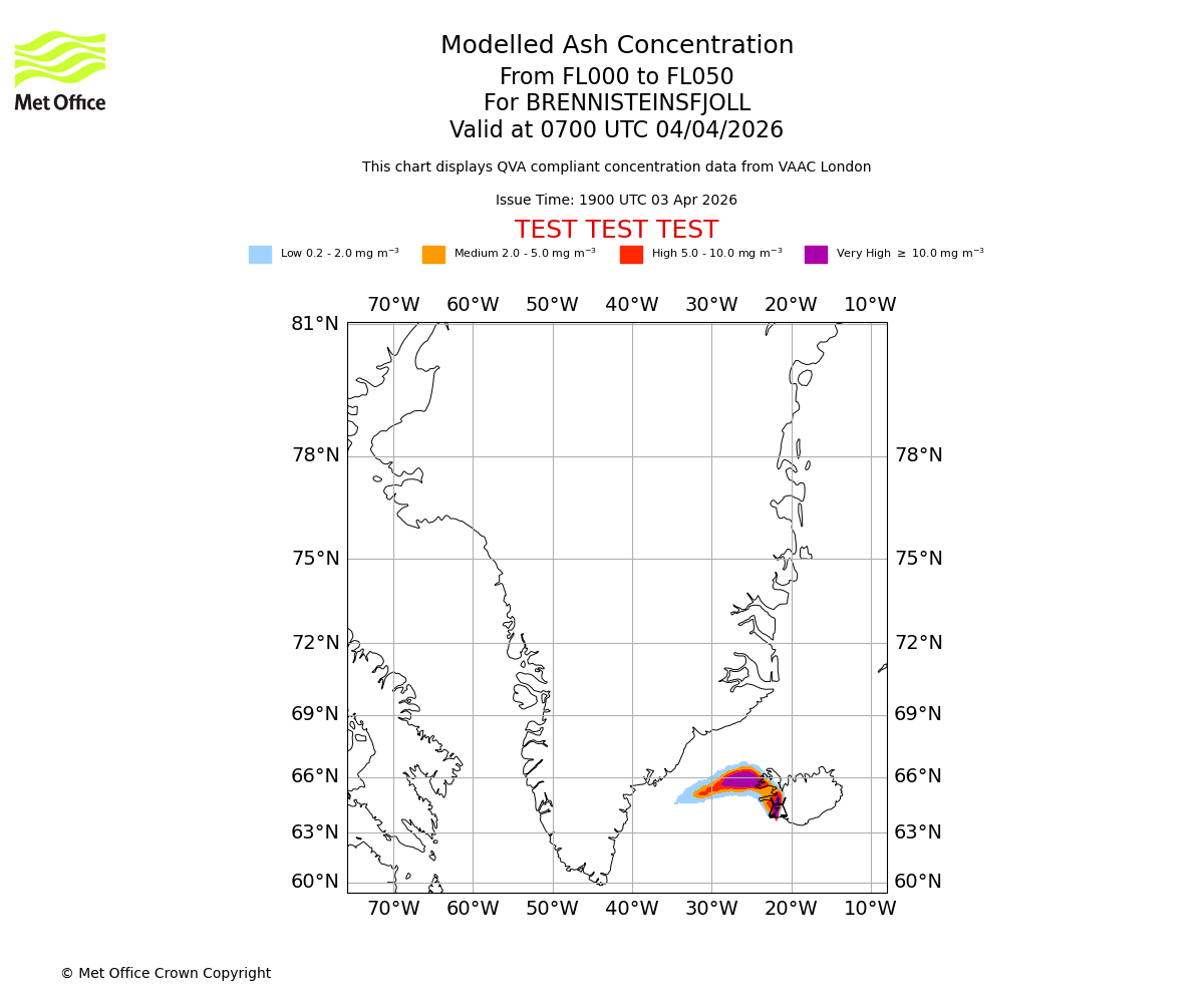 Modelled ash concentration from 000 to 050 for BRENNISTEINSFJOLL. Valid at 0700 UTC 04/04/2026