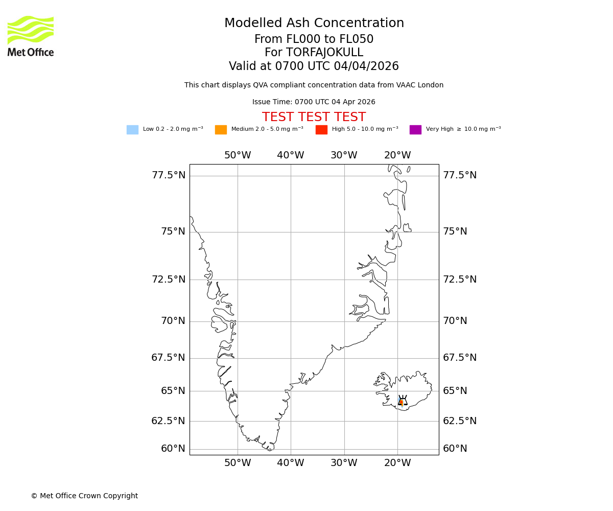Modelled ash concentration from 000 to 050 for TORFAJOKULL. Valid at 0700 UTC 04/04/2026