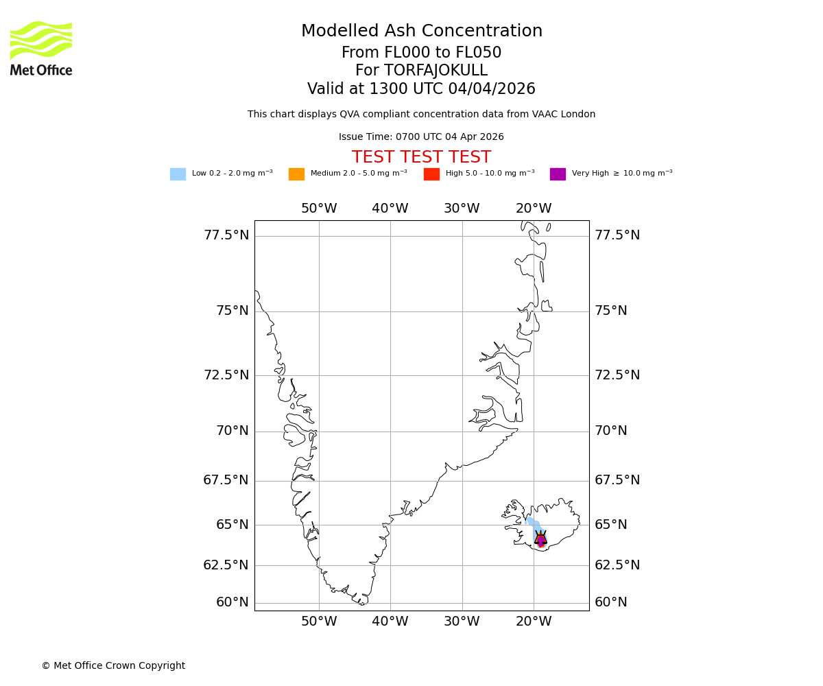 Modelled ash concentration from 000 to 050 for TORFAJOKULL. Valid at 1300 UTC 04/04/2026