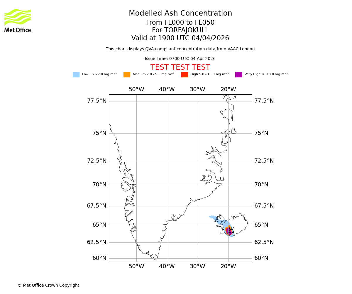 Modelled ash concentration from 000 to 050 for TORFAJOKULL. Valid at 1900 UTC 04/04/2026