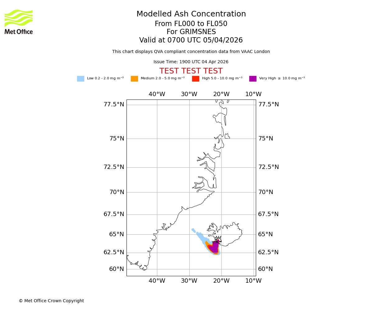 Modelled ash concentration from 000 to 050 for GRIMSNES. Valid at 0700 UTC 05/04/2026