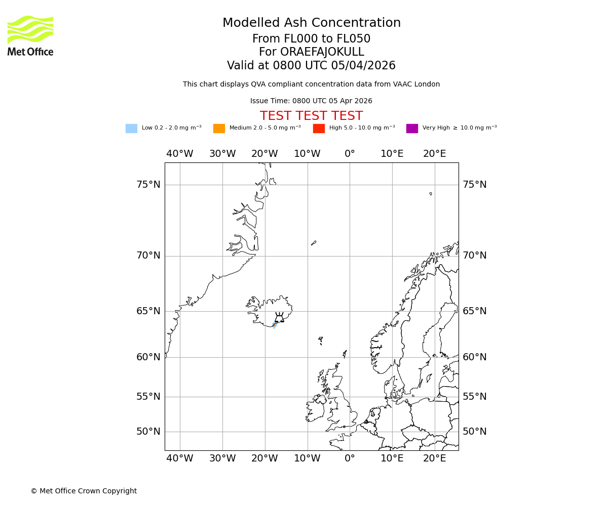 Modelled ash concentration from 000 to 050 for ORAEFAJOKULL. Valid at 0800 UTC 05/04/2026